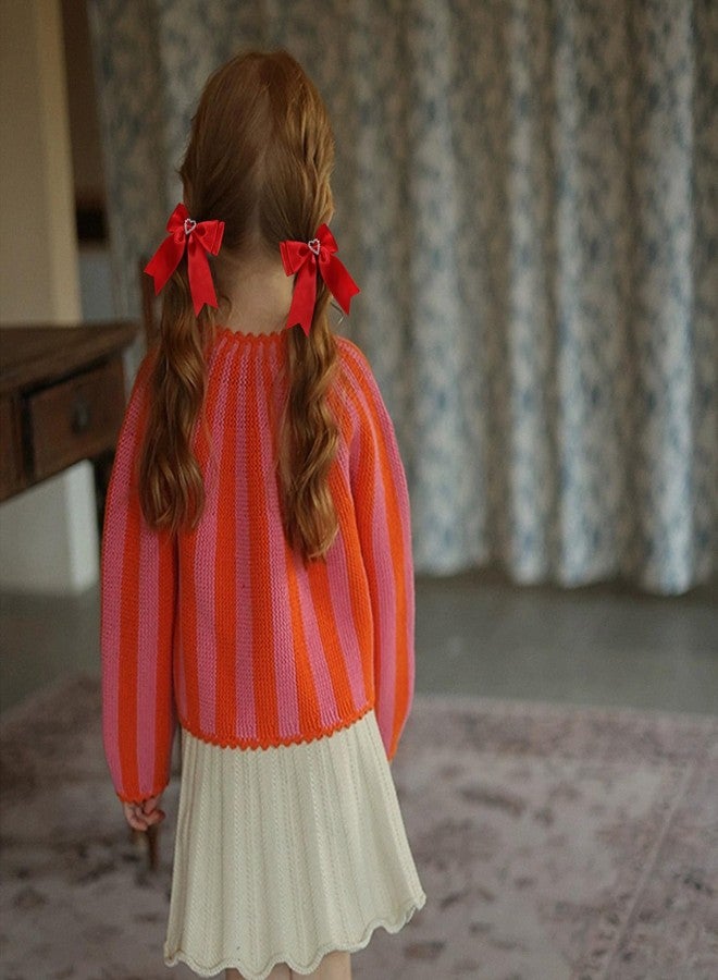 LSVOZ Red Hair Bow Clips Satin Bowknot Hair Clips Sweet Heart Rhinestones Ribbon Hairpins for Girls Chirstmas Valentine's Day Party Hair Accessories - Image 3